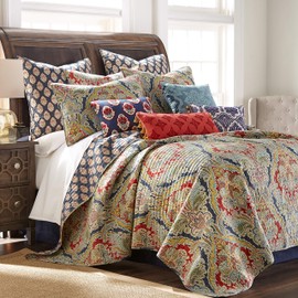 Levtex home - Moreno Quilt Set - King Quilt + Two King Pillow Shams - Traditional Damask - Red, Blue, Grey, Gold, Teal - Quilt (106x92in.) and Pillow Shams (36x20in.) - Reversible - Cotton