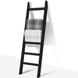 TEAKMAMA 6-Tier Blanket Ladder for Living Room and Bedroom,5.4 Ft Wall Leaning Quilt Rack with Hooks,Rustic Decorative Farmhouse Blanket Storage,Stylish Ladder Holder,Easy to Assemble,Black