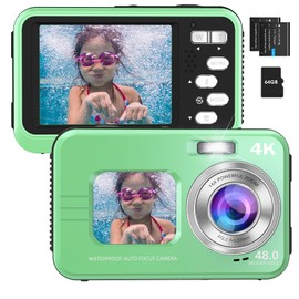 HICSHON Digital Camera, Digital Camera, 4K Underwater Camera, Waterproof Camera, Autofocus, IP68 Waterproof, 64 GB Card Included, 48 Megapixels, Selfie Camera, Dual Screen, 16x Digital Zoom, Compact,