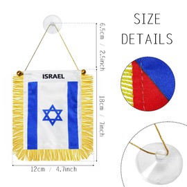 2 Pack Israel Window Hanging Flag, 4x6 Inch Small Mini Car Flags Banner with Golden Fringy Tassel and Suction Cup, Israel Hanging Flag for Wall, Room and Rearview Mirror Decor