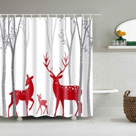 Christmas Deer Shower Curtain Red Deer Family in Forest Silhouette Winter Holiday Theme Farmhouse Cabin Bathroom Decor with Hooks