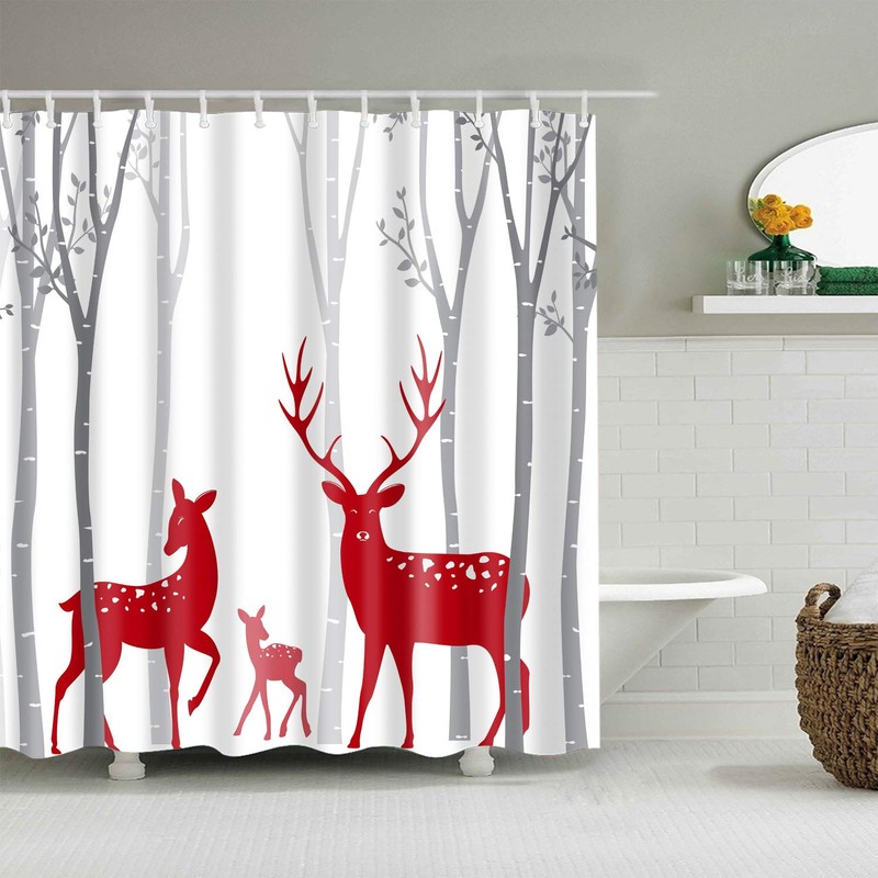 Christmas Deer Shower Curtain Red Deer Family in Forest Silhouette