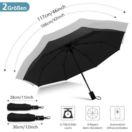 HEXSOLID Windproof Umbrella Automatic Umbrella Large with 8 Ribs 106 cm / 117 cm Travel Windproof Umbrella Waterproof Umbrella Foldable Compact Pocket Umbrella for Men and Women, black
