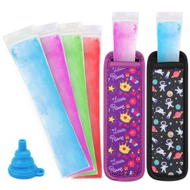 Freezer Pop Bags Set Including 50 Disposable Ice Popsicles Molds 2 Popsicle Holders for Kids, Popsicle Bags With Zip Seals for Healthy Snacks, Yogurt Tubes, Juice Fruit Smoothies Popsicle Mold