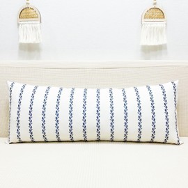 Slow Cow Linen Embroidery Stripe Rectangular Throw Pillow Cover Textured Lumbar Cushion Cover for Couch Sofa 12 x 33 Inches Navy Blue