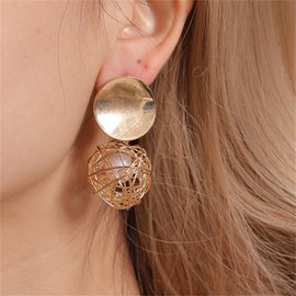 Gold Plated Round Disc Earrings for Women Bohemian Elegant Double Layered Hollow Twist Wire Ball Woven Love Knot Ball Caged Pearl Dangle Drop Earrings for Birthday Jewelry Gifts (Gold disc earring)