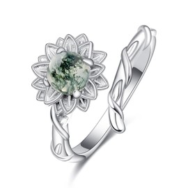 PRAYMOS Moss Agate Ring 925 Sterling Silver Sunflower Rings Flower Ring You Are My Sunshine Ring Adjustable Rings