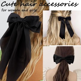 Ahoney 7 Pack Black Bows for Hair Bows Silky Satin Hair Bow Hair Clips Long Tail Multi Style French Hair Ribbon Coquette Bows Hair Barrettes for Women Girls