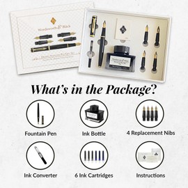Wordsworth & Black Fountain Pen Gift Set, Includes Ink Bottle, 6 Ink Cartridges, Ink Refill Converter, 4 Replacement Nibs, Premium Package, Journaling, Calligraphy, Smooth Writing Pens [Black Gold]