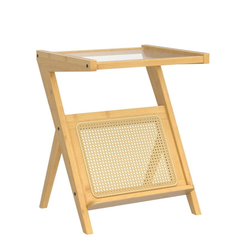 Bamworld Rattan Side Table Boho Night Stand Glass Bedside Small