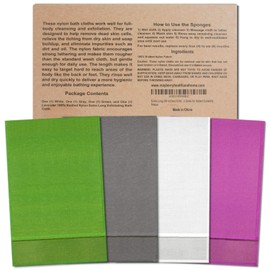 Extra Long (36 Inches) Exfoliating Bath Cloth/Towel (4 Pack) Gray, White, Green, and Lavender Nylon Bath Cloth/Towel, Stitching on All Sides for Added Durability