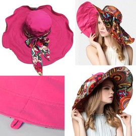 Reversible Large Brim Floppy Sun Hat Foldable Bucket Beach Hat Anti-UV Travel Boho Cap for Women Chin Strap Rose Red