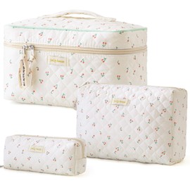HBselect 3 PCS Quilted Makeup Bag, Cotton Large Travel Makeup Bag, Cute Floral Coquette Make up Bag Cosmetic Bag Toiletry Bag for Women Girls