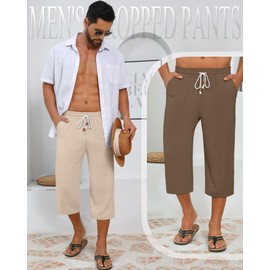 Neer 2 Pack Men's Linen Capri Pants, Lightweight Baggy 3/4 Shorts Drawstring Elastic Waist Beach Yoga Pants with Pockets(Apricot, Brown,XX-Large)