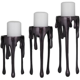 CosmoLiving by Cosmopolitan Aluminum Metal Decorative Candle Holder Pillar Candle Stand with Dripping Melting Designed Legs, Set of 3 Candlestick Holder 12", 10", 8"H, Black