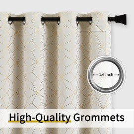 Beauoop 100% Blackout Curtains 84 Inches Long for Bedroom Living Room Moroccan Gold Patterned Drapes Thermal Insulated Grommet Top Window Treatment Panels Set of 2, Beige/Gold