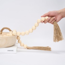 OMISHE 57" Long Large Wood Bead Garland with 1.2" Diameter Wooden Beads and Tassels, Rustic Farmhouse Country Wood Beads Garland for Home Tiered Tray Decor, Decorative Beads with Tassels Beige