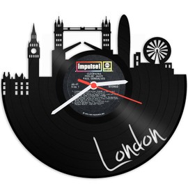 GRAVURZEILE Vinyl Record Clock - Skyline London - Wall Clock Made of Cast Vinyl with City Skyline 30 cm - Upcycling Design Clock Wall Decoration Vintage Clock Wall Decoration Retro Clock - Made in