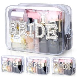 Etercycle Bride Clear Makeup Bag, Bridal Shower Gifts Engagement Cosmetic Bag, Bling Pearl Rhinestone Letter Patches Waterproof PVC Travel Organizer for Women Wedding Bachelorette Party(Silver)