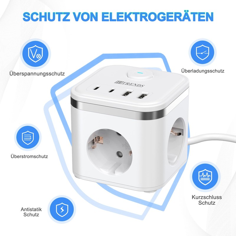 Socket Cube with USB 2 m with Plug Flat