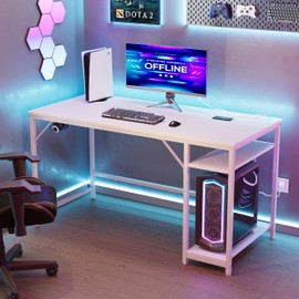 JOISCOPE 40 x 24 Inch Small Gaming Computer Desk with USB & Type-C Outlet, Home Office Desk with Storage Shelves for Bedroom, Modern Simple Home Office, Writing Table, White