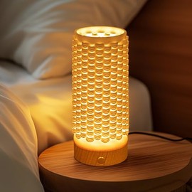 BallarArt CO Ceramic Bedside Lamp - USB Table Lamp with 3D Printed, Night Light Touch Control 8 Colors, Wooden Base & Anti-Slip Design, Modern Room Decor Lamp