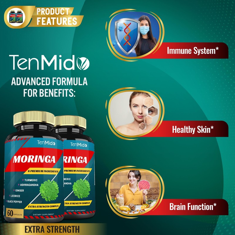 2 Packs Moringa Capsules, 4 Months Supply with Turmeric, Ashwagandha,