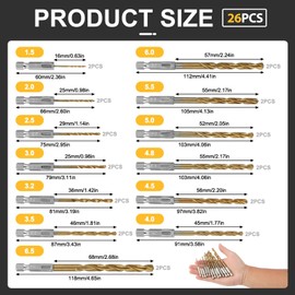 26 Piece Titanium Drill Bit Set with Quick Change Hex Shank 1.5-6.5mm HSS Drill Bit Titanium Coated for Wood, Quick Change Impact Control Plastic and Metal for DIY and Professionals