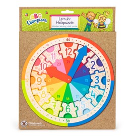 TRENDHAUS 956491 ABC Champions Wooden Learning Clock with Wooden Puzzle for Children Aged 5 Years and Above Brown