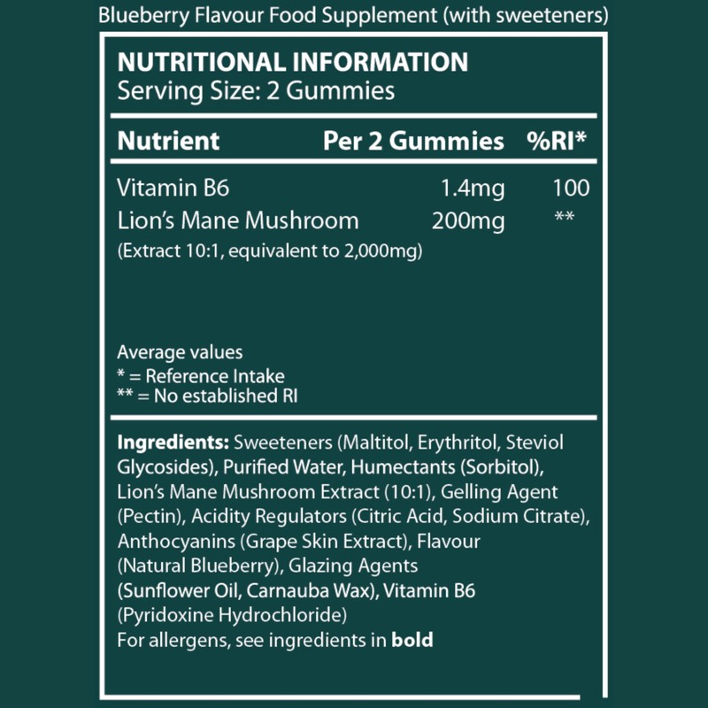 Lion’s Mane Focus Complex Gummies – Blueberry Flavour – 2000mg