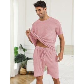 EISHOPEER Mens Rib Pajamas 2 Piece Lounge Sets Ribbed Knit Matching Outfits Shorts Sleep Set Sleepwear Loungewear Pink XX-Large