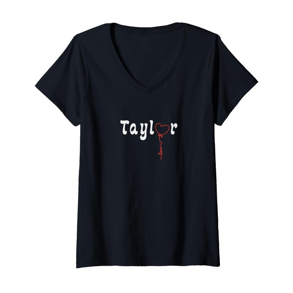 Womens Taylor Name with Heart Pendant V-Neck T-Shirt