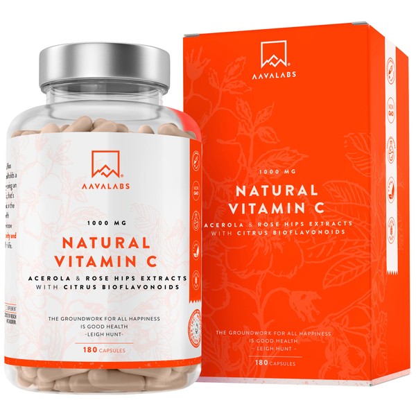 Natural High Strength Vitamin C 1000mg -180 Vitamin C tablets - 100% Vegan Acerola Fruit Extract - with Citrus Bioflavonoids and Rosehip - Vitamin C Capsules -Supports Immune Function- 3 Months Supply