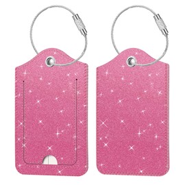 [Pack of 2] Fintie Luggage Tag with Address Label, Faux Leather Luggage Tag ID Label with Stainless Steel Wire Rope and Name Plate for Travel Bag, Suitcase, Glitter Pink