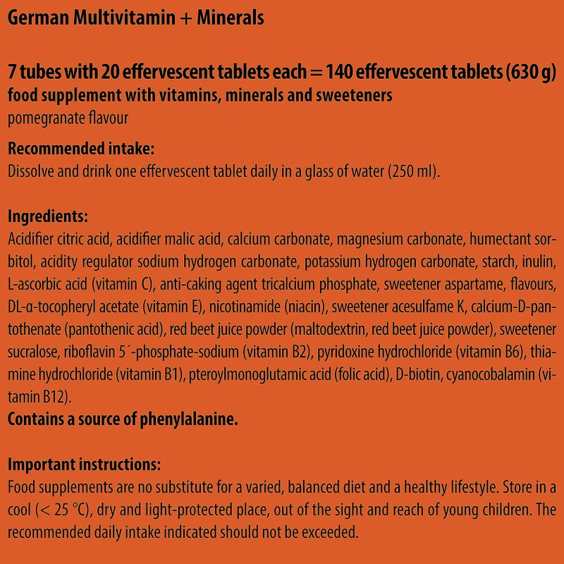 German Multivitamin + Mineralien Drink Effervescent Tablets 140 Servings Pomegranate