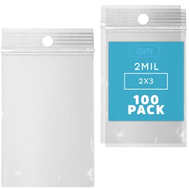 GPI - 2" x 3" - Bulk Pack of 100, 2 Mil thick, Clear Plastic Reclosable Zip Bags, Hang Hole For Display, Durable Poly Baggies with Resealable Zip Top Lock for Storage, Packaging & Shipping