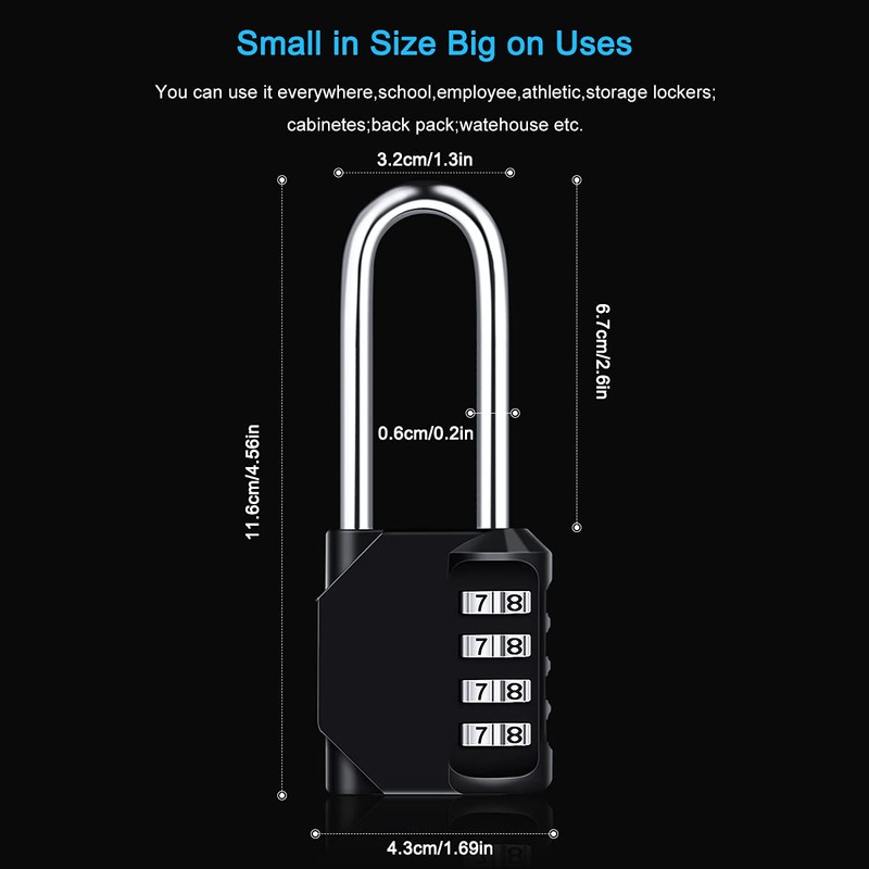 Combination Padlock, [2.6inch Long Shackle] Diyife 4 Digit Combination Lock,