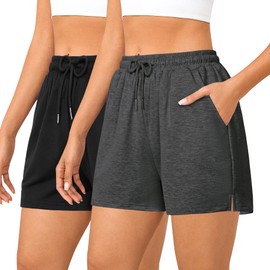 Quenteen - Pantalones cortos deportivos de algodón para mujer, de 4 pulgadas, cómodos con cordón y cintura elástica, con bolsillos, #2 Negro+Gris Oscuro, 4X-Large