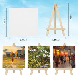 BUCOMTU 12 Mini Easels, Mini Canvas 10 x 10 cm, Solid Wood Easels Small 15 x 8 cm, Foldable Triangular Stand, Hand-Painted DIY Creation Board, Children's Painting/Art Display