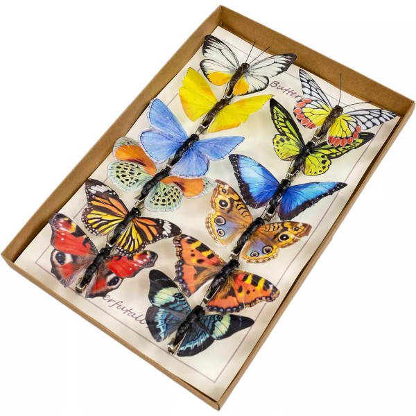 Set of 12 Artificial Feather 3D Butterfly, Clip-On Ornaments for