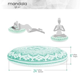 Mandala Life ART Yoga Decor Floor Cushion Cover - Round Medition Pillow Case - Hand Printed Organic Cotton Pouf (Turquoise Lotus)