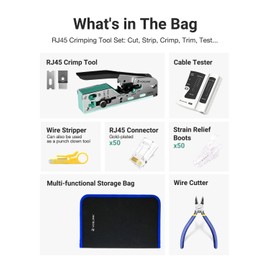 VCELINK RJ45 Crimp Tool Kit for CAT7/6A/6/5E/5, Upgraded Network Tool Set with an Ethernet Crimper, 50 RJ45 Connectors & Boots, Cable Tester, Wire Stripper and Cutter in a Cloth Bag (Kit-Green)