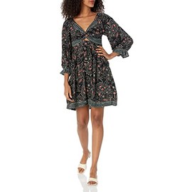 Angie Women's Long Sleeve Twist Front Keyhole Tiered Skirt Dress, Black, Medium