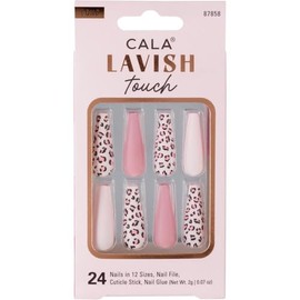 CALA - "Lavish Touch" uñas postizas largas (24 uñas en 12 tamaños, color rosa y con estampado de animal)
