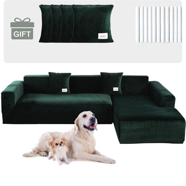 Topchances Sofa Covers 3 Seater,Thick Velvet High Stretch L-Shaped Sofa Slipcovers Super Soft Couch Cover Pets Dogs Friendly Anti Slip Slipcover Furniture Protector(3+3 Seats,Dark Green