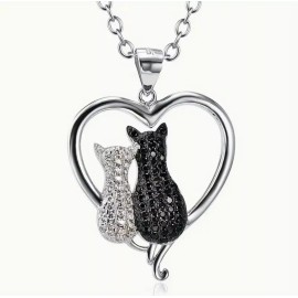 Unbranded Crystal Cats in a Heart Pendant Necklace Silver Tone