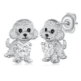 Poodle Earrings 925 Sterling Silver Cute White Dog Stud Earrings Poodle Gifts Animal Jewelry for Women Girls Dog Lovers