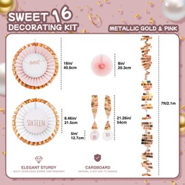 Sweet 16 Birthday Decorations Kit – 13PCS Rose Gold & Pink Decor Set with Paper Fans, Foil Swirls, Cutouts & Fringe Garland for Teen Girl Sixteenth Birthday Backdrop