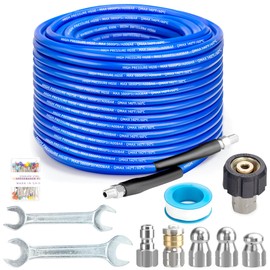150 Ft Flexible Sewer Jetter Kit for Pressure Washer, 5800psi Drain Cleaner Hose with 1/4 Inch Npt Corner Rotating and 4 Button Nose Sewer Jetting Nozzle Spanner Watertight Tape Pearl Corsage Pin
