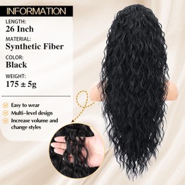 CHRSHN Ponytail Extension, 26” Claw Clip Black Ponytail Extension Long Drawstring Ponytail Curly Clip in Pony Tails Hair Extensions Synthetic Layered Fluffy Hairpieces for Women